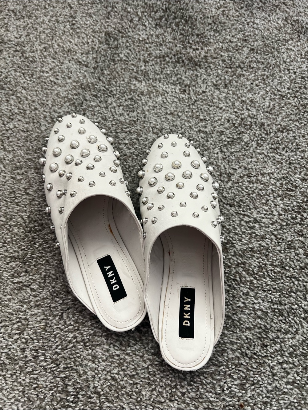 DKNY White Studded Leather Mules